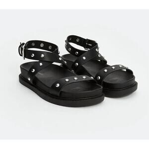 Alohas Black Leather Ankle Strap Stud Chunky Sandals Buckle Luxury Women 36 US 6